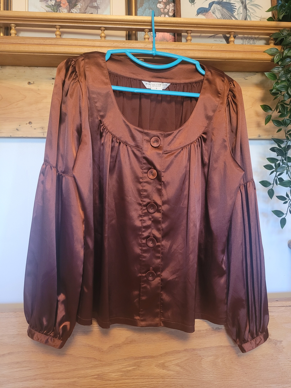 Bianca Nygard Satin Button-Front Peasant Blouse - Brown